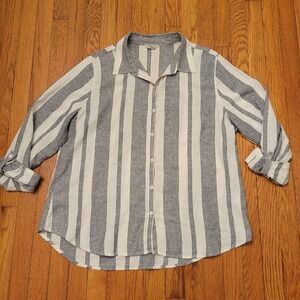 Orvis XL Striped Linen Blend Button Up Shirt Blouse Top Roll Tab Sleeves Coastal